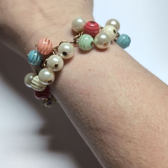 461 Gold Chain Faux‎ Pearl Multicolor Beaded Rhinestone Tennis Bracelet - Picture 1 of 5